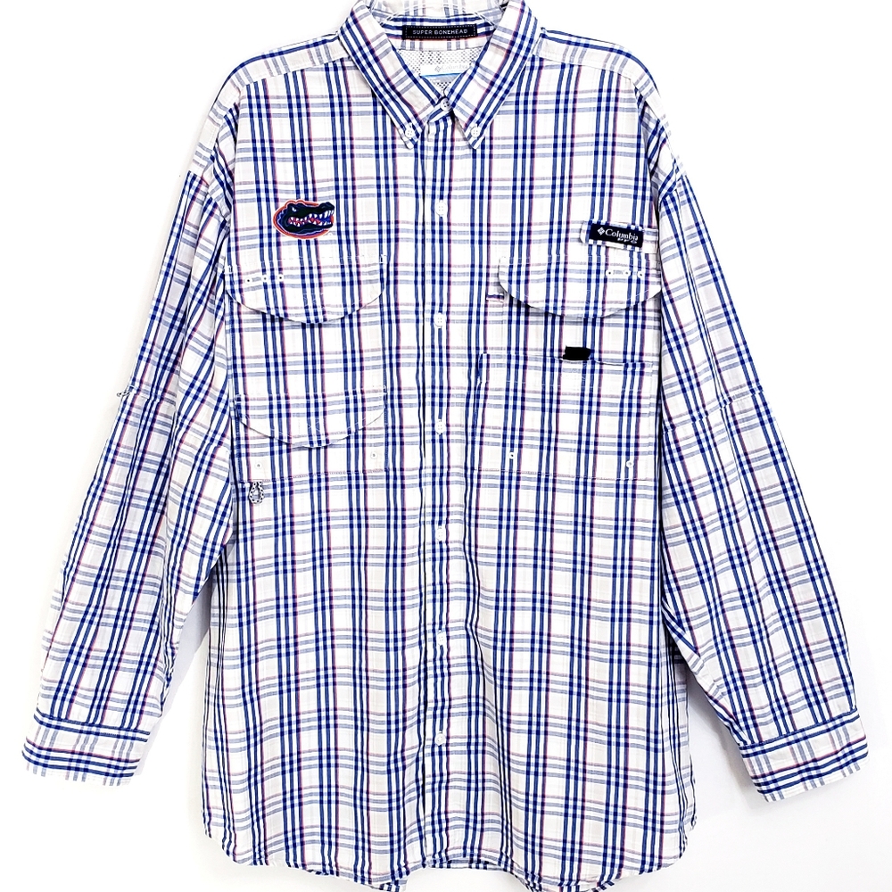 Columbia Blue & White Plaid Super Boneyard.Bitton Down. Shirt